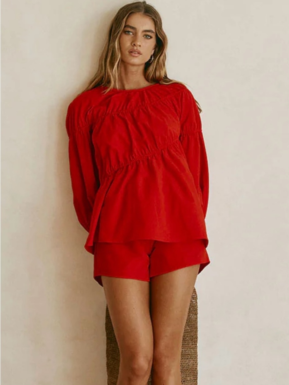 SABO Akel Top in Cherry Red - Puff Sleeve Panelled Blouse - Size XS